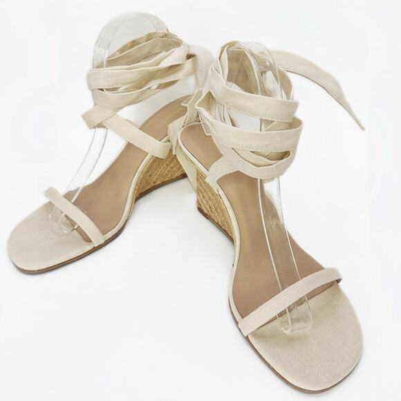 NWT Reformation Alessa Lace Up Cream Linen Wedge Espadrilles Shoes Size 9 - Picture 4 of 16
